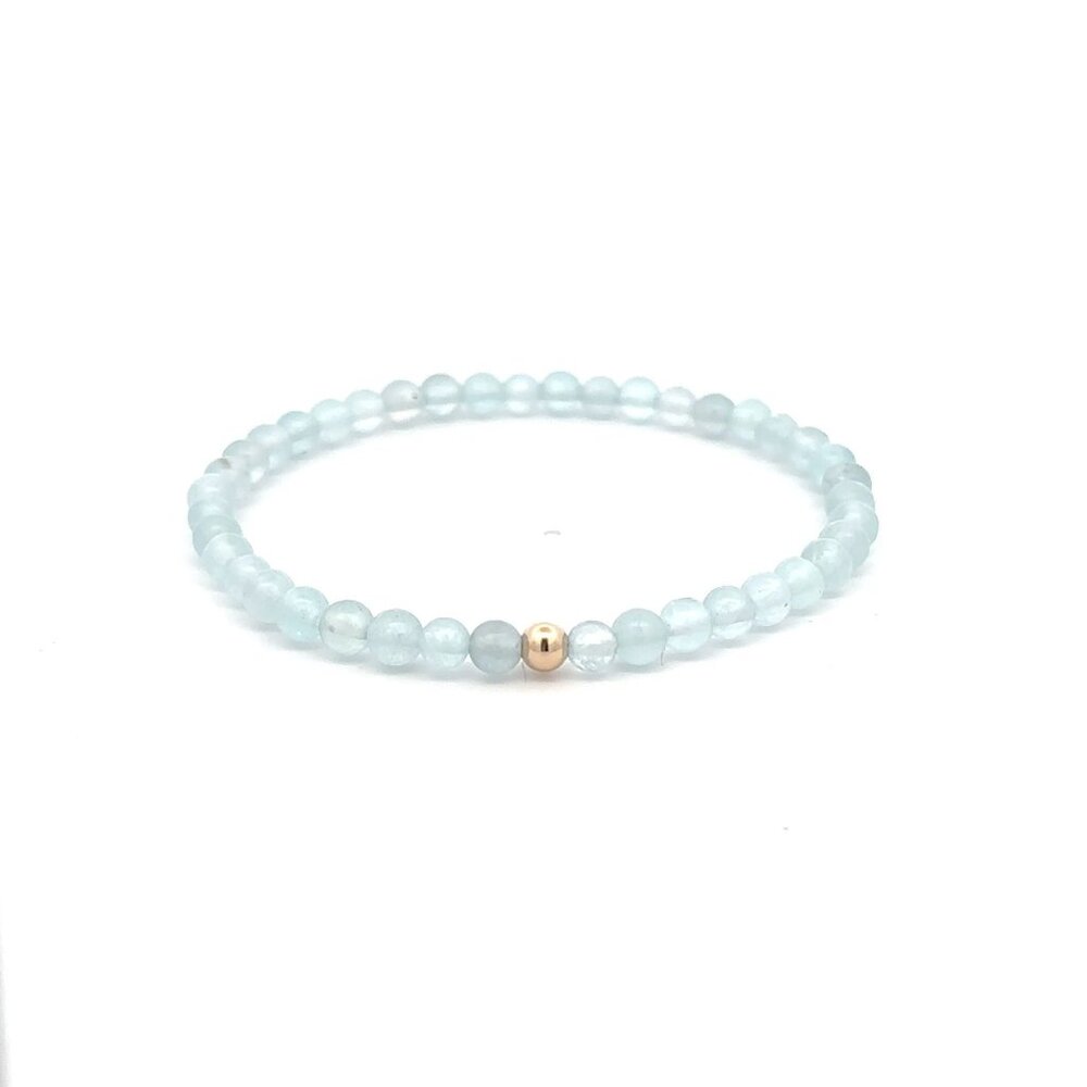 Natural Gemstones Aquamarine 4mm Stretch Bracelet with 14K Gold Polished Bead
